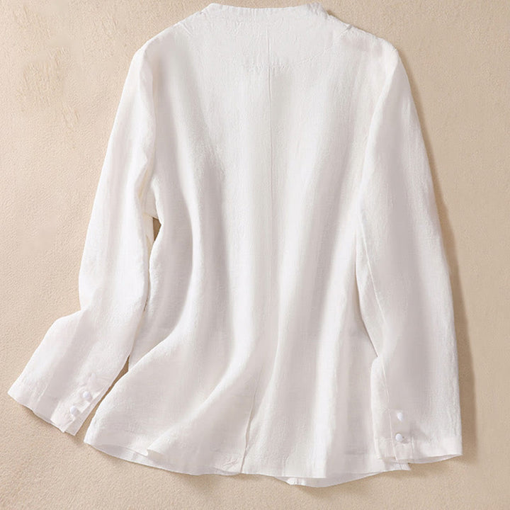 Buddha Stones Women's Cotton Linen Stand Collar Long Sleeve Shirt With Pockets - image 14