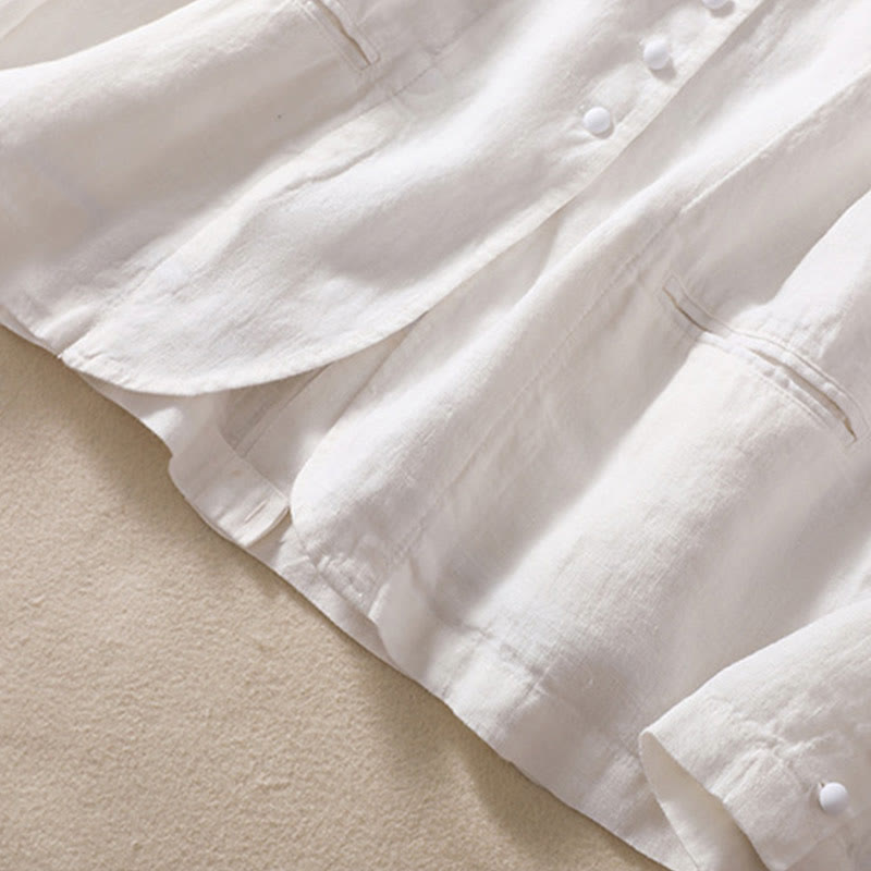 Buddha Stones Women's Cotton Linen Stand Collar Long Sleeve Shirt With Pockets - image 19