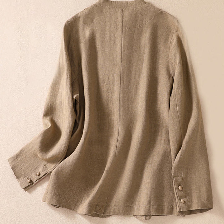 Buddha Stones Women's Cotton Linen Stand Collar Long Sleeve Shirt With Pockets - image 23