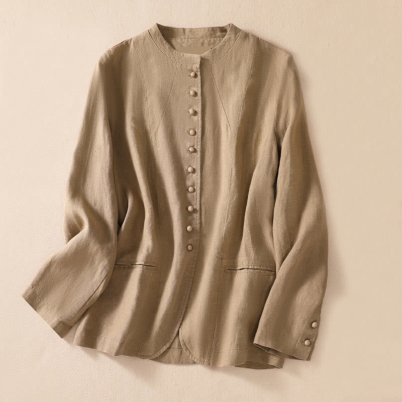 Buddha Stones Women's Cotton Linen Stand Collar Long Sleeve Jacket With Pockets - Tan - US8-10，UK/AU12-14，EU40-42 (2XL) - image 23