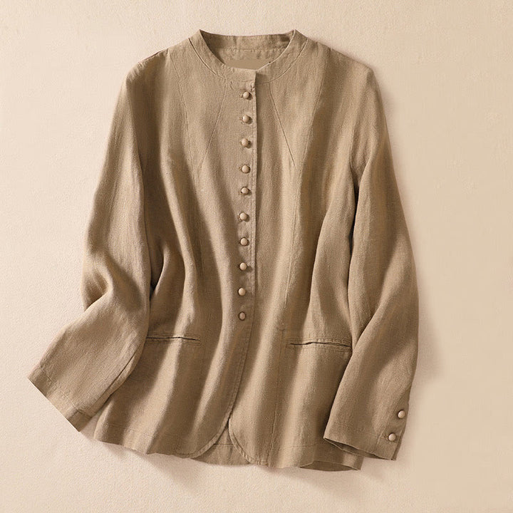 Buddha Stones Women's Cotton Linen Stand Collar Long Sleeve Jacket With Pockets - Tan - US8-10，UK/AU12-14，EU40-42 (2XL) - image 23
