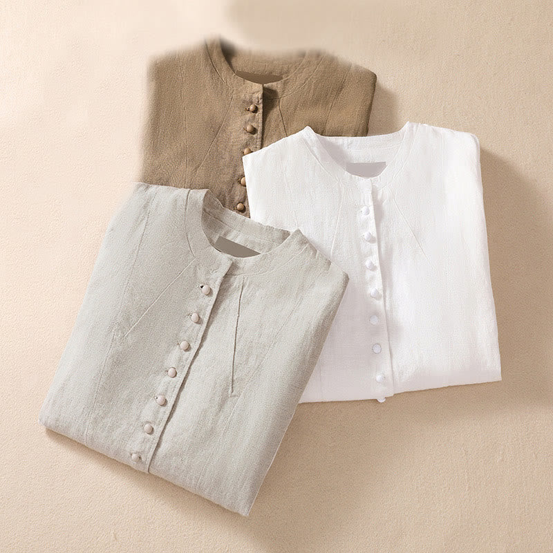 Buddha Stones Women's Cotton Linen Stand Collar Long Sleeve Shirt With Pockets - image 31