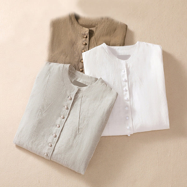 Buddha Stones Women's Cotton Linen Stand Collar Long Sleeve Shirt With Pockets - image 31