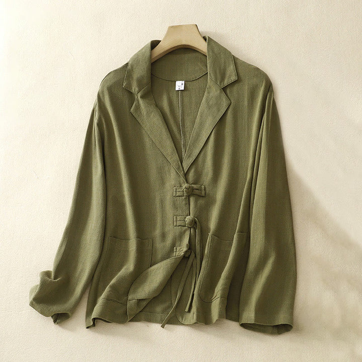 Buddha Stones Women's Cotton Linen Frog-Button Long Sleeve Jacket With Pockets - Olive - US12，UK/AU16，EU44 (2XL) - image 6
