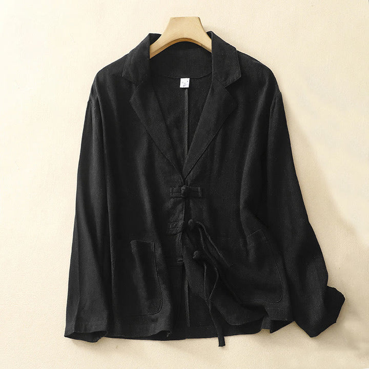 Buddha Stones Women's Cotton Linen Frog-Button Long Sleeve Jacket With Pockets - Black - US12，UK/AU16，EU44 (2XL) - image 13