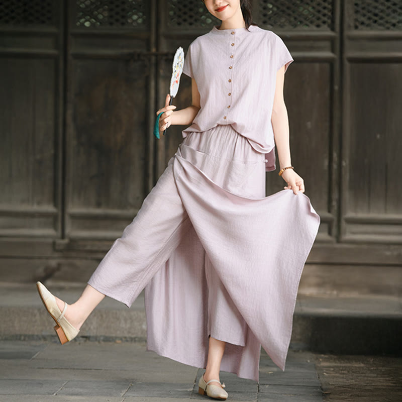 Buddha Stones 2Pcs Buttons Short Sleeve Shirt Top Skirt With Pockets Meditation Cotton Women's Set - LightPink Shirt and RosyBrown Skirt - US8-10，UK/AU12-14，EU40-42 (2XL) - image 1