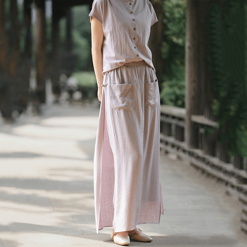 Buddha Stones 2Pcs Buttons Short Sleeve Shirt Top Skirt With Pockets Meditation Cotton Women's Set - image 4