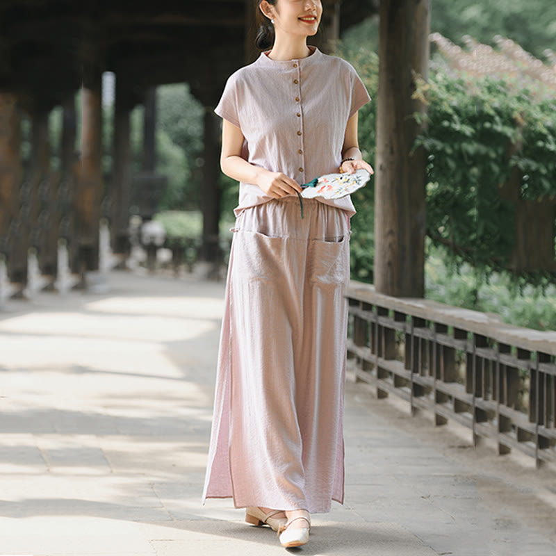 Buddha Stones 2Pcs Buttons Short Sleeve Shirt Top Skirt With Pockets Meditation Cotton Women's Set - image 3