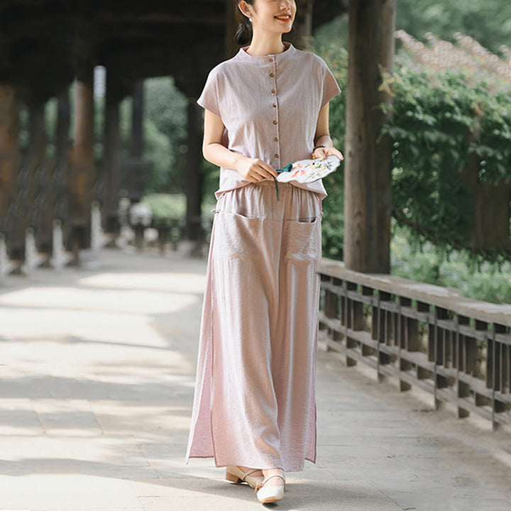 Buddha Stones 2Pcs Buttons Short Sleeve Shirt Top Skirt With Pockets Meditation Cotton Women's Set - image 3