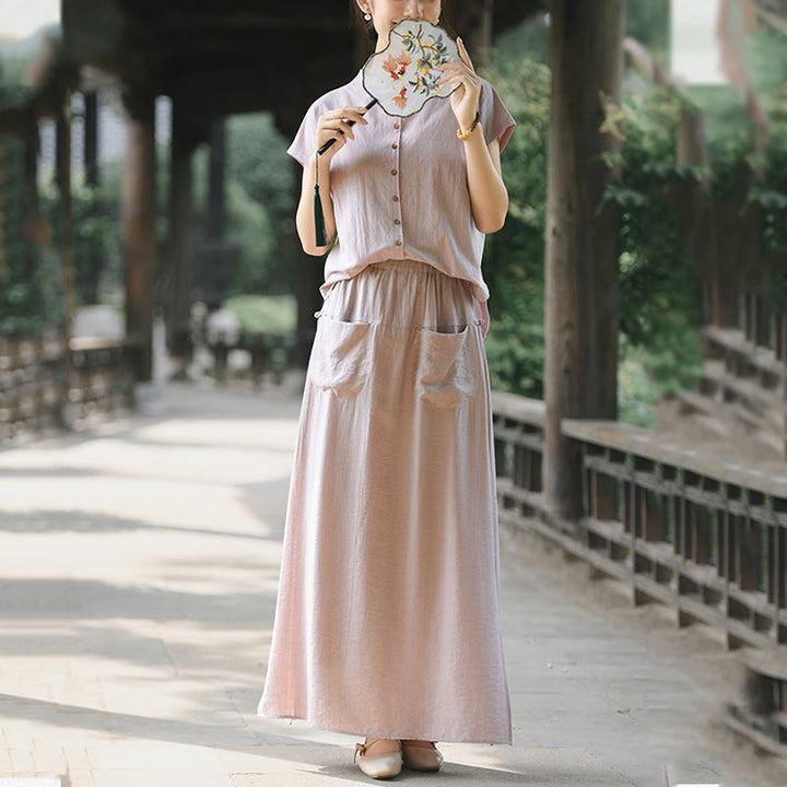 Buddha Stones 2Pcs Buttons Short Sleeve Shirt Top Skirt With Pockets Meditation Cotton Women's Set - image 8