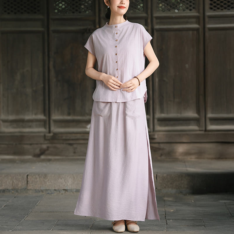 Buddha Stones 2Pcs Buttons Short Sleeve Shirt Top Skirt With Pockets Meditation Cotton Women's Set - image 2