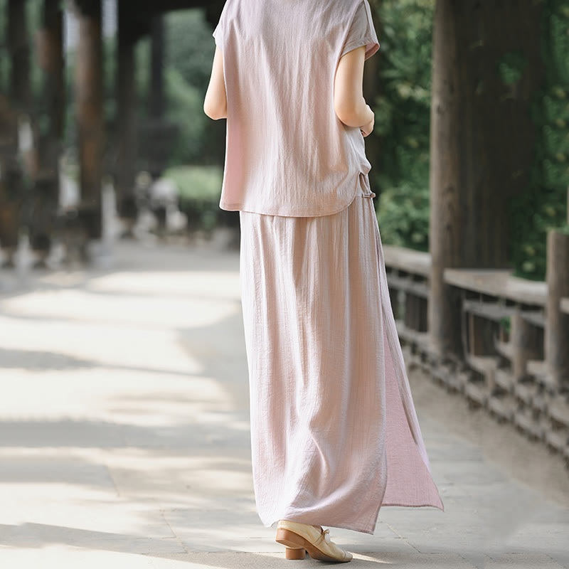 Buddha Stones 2Pcs Buttons Short Sleeve Shirt Top Skirt With Pockets Meditation Cotton Women's Set - image 6