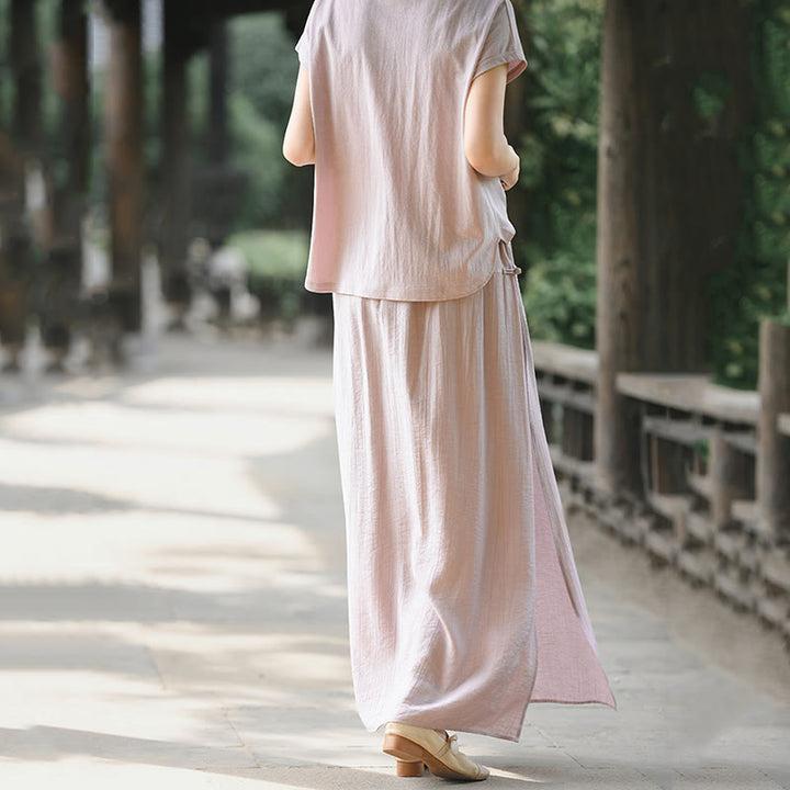 Buddha Stones 2Pcs Buttons Short Sleeve Shirt Top Skirt With Pockets Meditation Cotton Women's Set - image 6