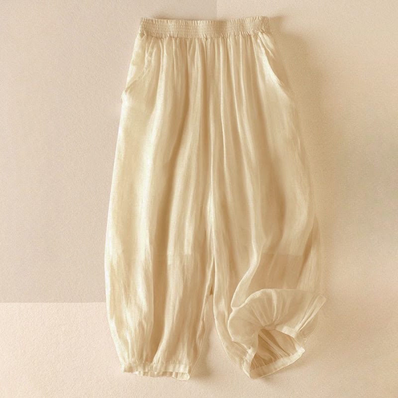 Buddha Stones Summer Plain Casual Cropped Pants Women's Double Layer Cotton Linen Harem Pants With Pockets