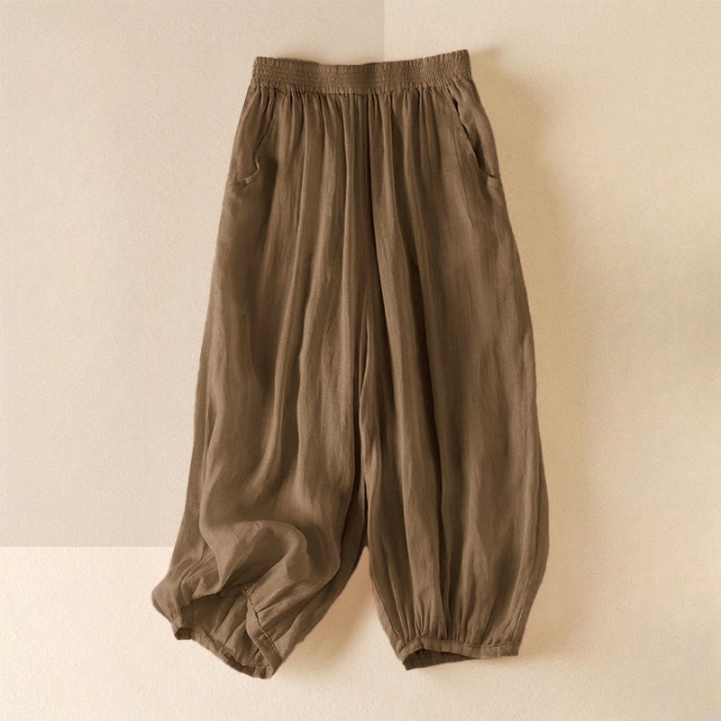 Buddha Stones Summer Plain Casual Cropped Pants Women's Double Layer Cotton Linen Harem Pants With Pockets