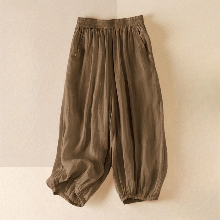 Buddha Stones Summer Plain Casual Cropped Pants Women's Double Layer Cotton Linen Harem Pants With Pockets