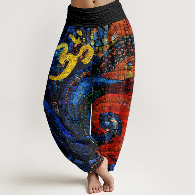 Buddha Stones Casual Golden Om Symbol Mosaic Pattern Women's Elastic Waist Harem Pants