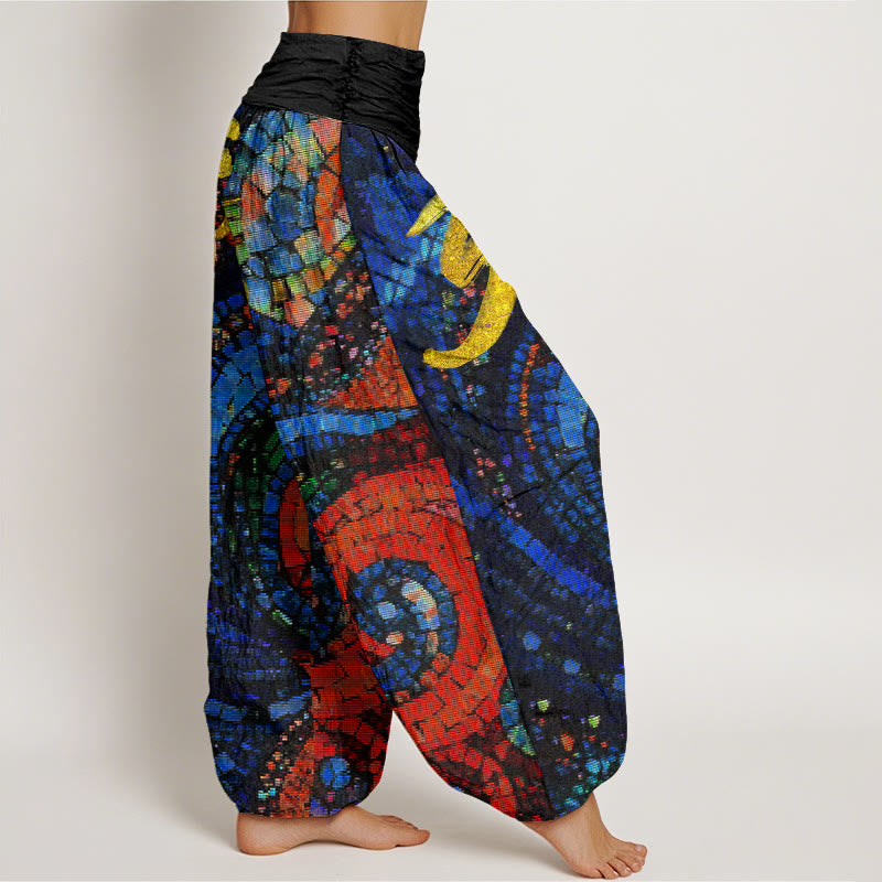 Buddha Stones Casual Golden Om Symbol Mosaic Pattern Women's Elastic Waist Harem Pants