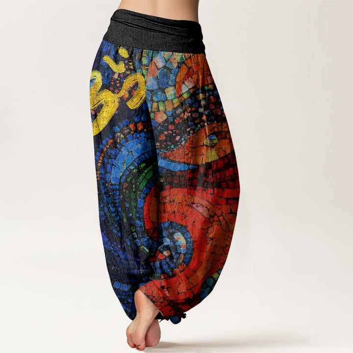 Buddha Stones Casual Golden Om Symbol Mosaic Pattern Women's Elastic Waist Harem Pants - image 1