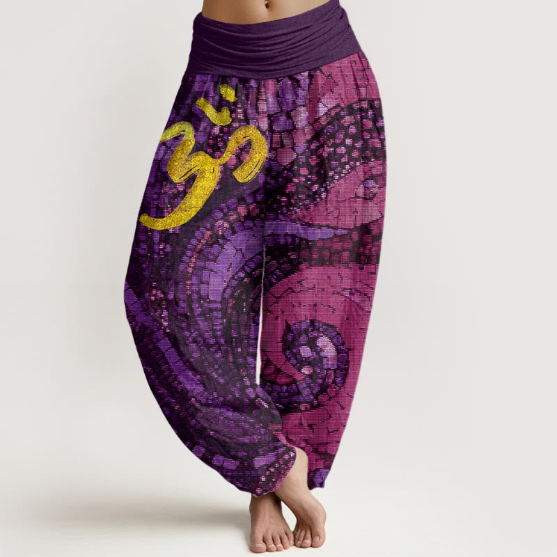 Buddha Stones Casual Golden Om Symbol Mosaic Pattern Women's Elastic Waist Harem Pants