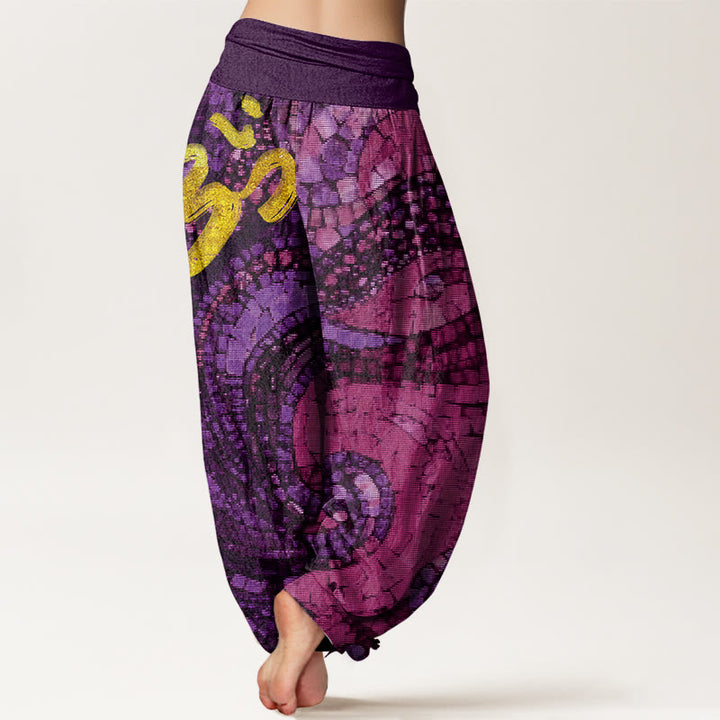Buddha Stones Casual Golden Om Symbol Mosaic Pattern Women's Elastic Waist Harem Pants