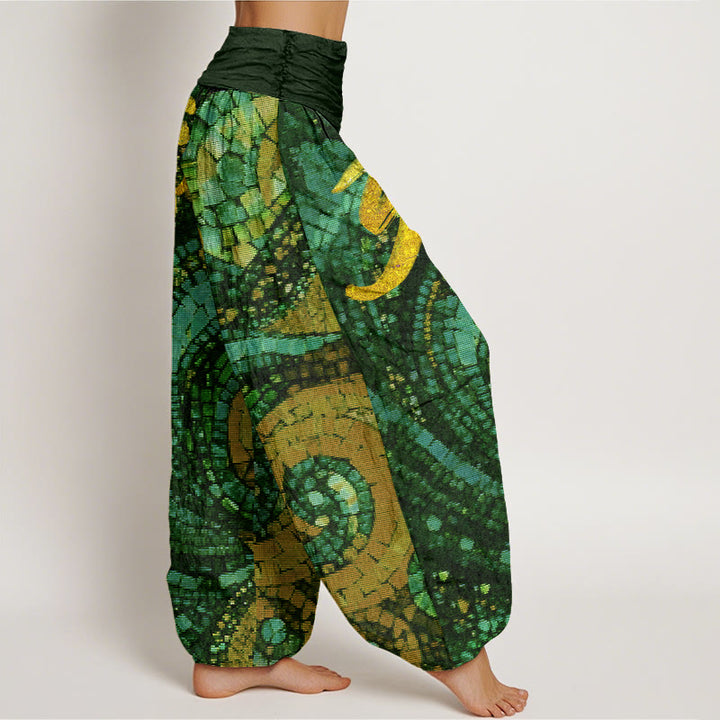 Buddha Stones Casual Golden Om Symbol Mosaic Pattern Women's Elastic Waist Harem Pants