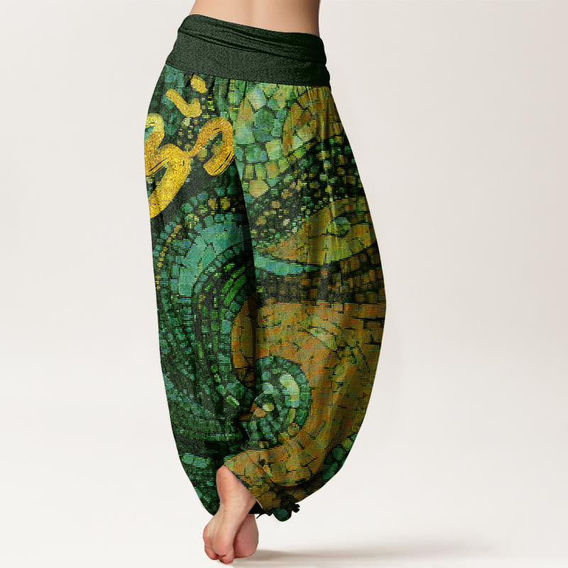 Buddha Stones Cotton Casual Golden Om Symbol Mosaic Pattern Women's Elastic Waist Harem Pants - image 8