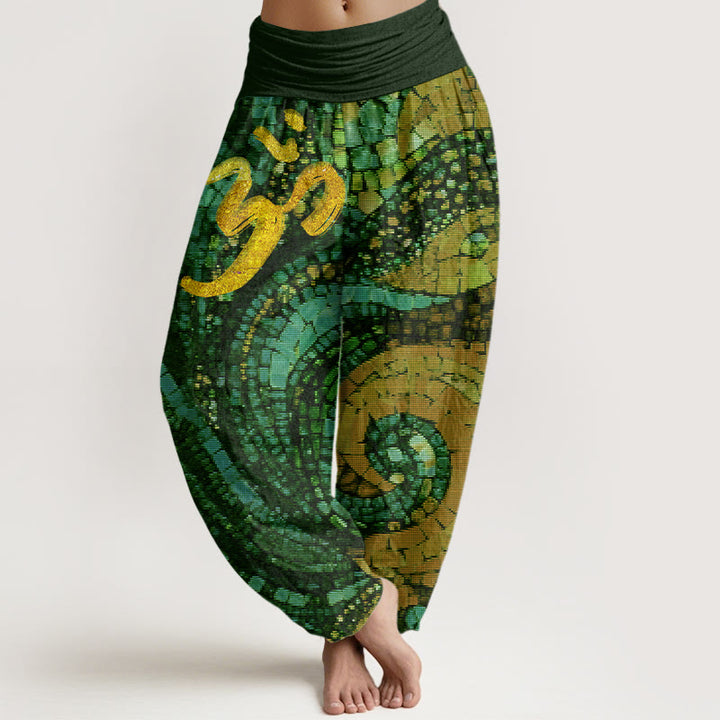 Buddha Stones Casual Golden Om Symbol Mosaic Pattern Women's Elastic Waist Harem Pants - ForestGreen - US22，UK/AU26，EU54 (6XL) - image 8