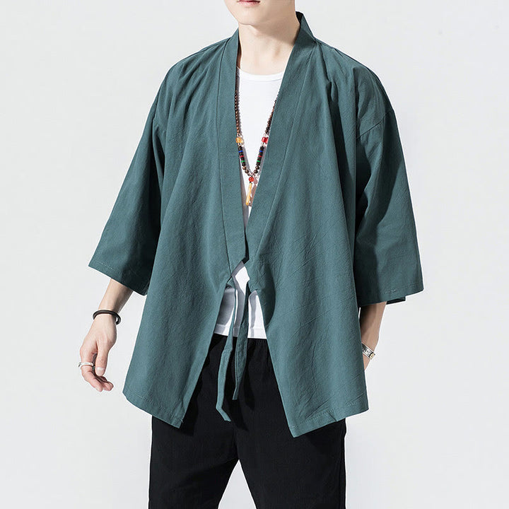 Buddha Stones Casual Plain Tang Suit Open Front Jacket Cotton Linen Men's Kimono
