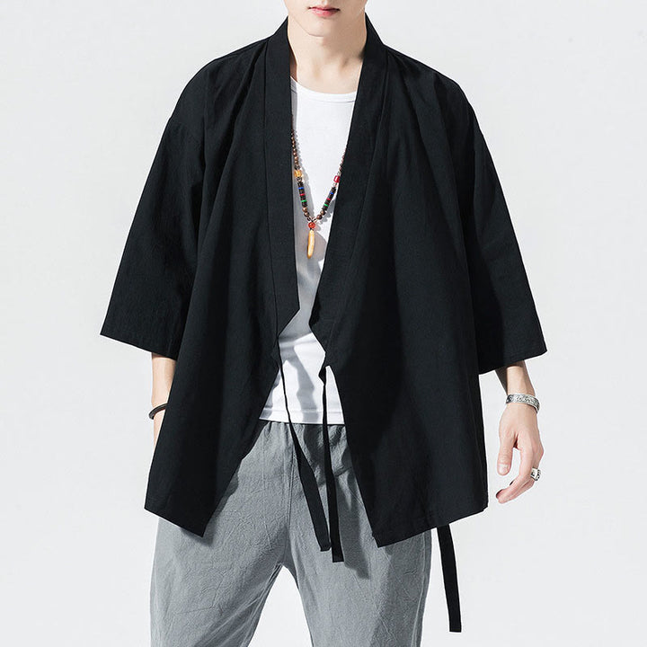 Buddha Stones Casual Plain Tang Suit Open Front Jacket Cotton Linen Men's Kimono