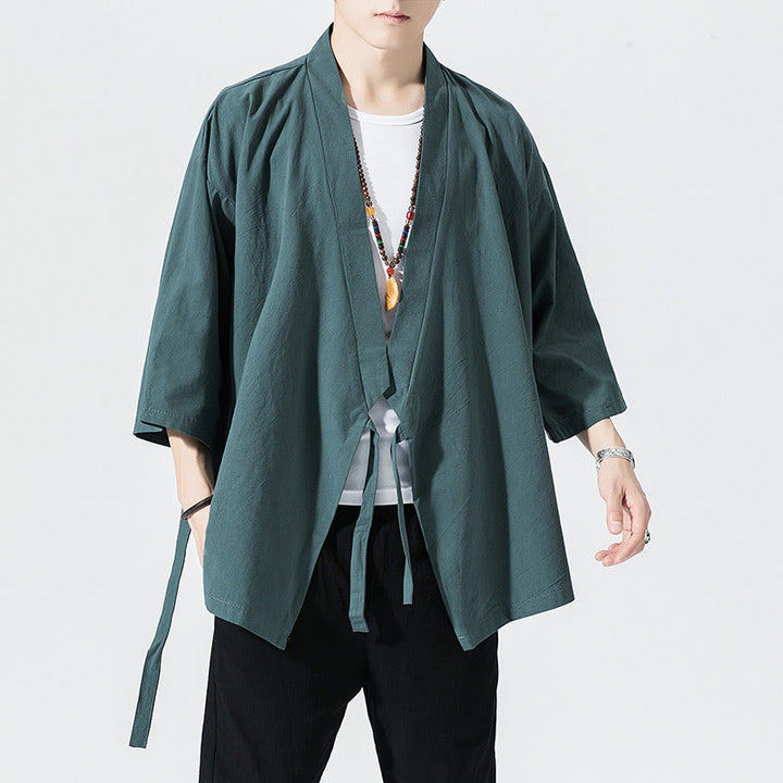 Buddha Stones Casual Plain Tang Suit Open Front Jacket Cotton Linen Men's Kimono