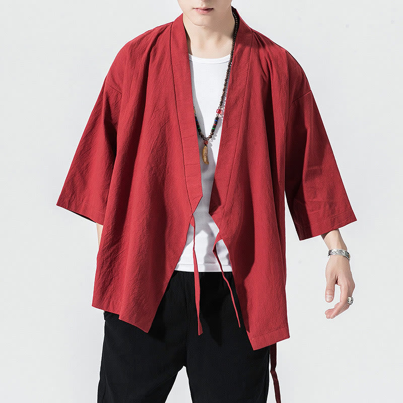 Buddha Stones Tang Suit Open Front Jacket Cotton Linen Men's Three Quarter Sleeve Kimono - Crimson - US/UK/AU48，EU58(5XL) - image 3