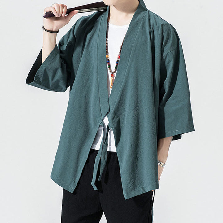 Buddha Stones Casual Plain Tang Suit Open Front Jacket Cotton Linen Men's Kimono