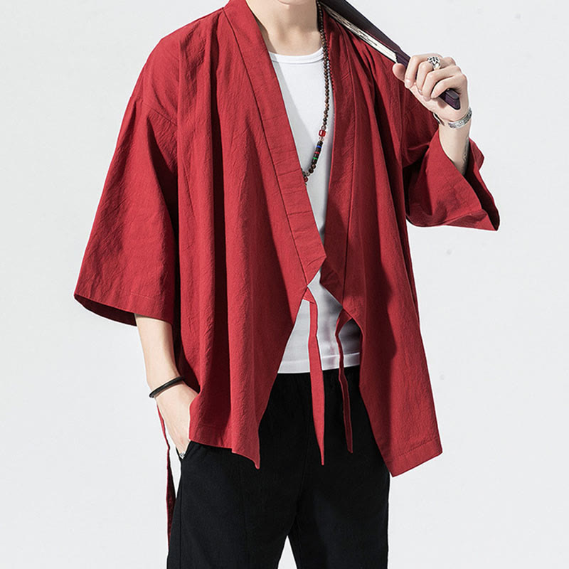 Buddha Stones Casual Plain Tang Suit Open Front Jacket Cotton Linen Men's Kimono