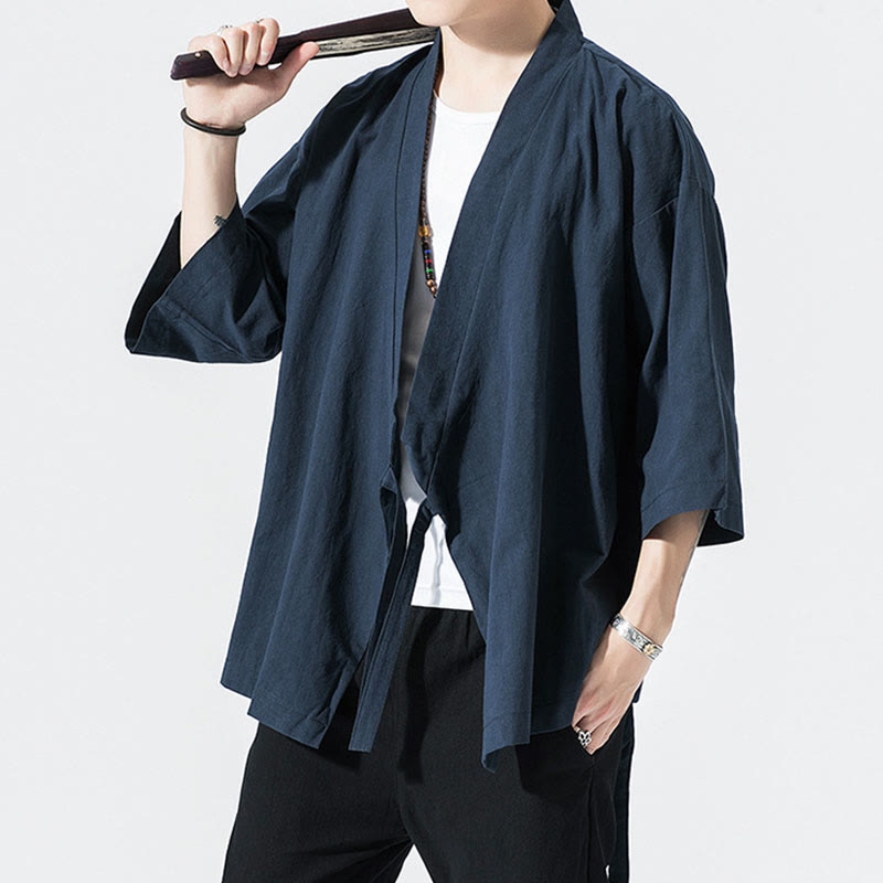 Buddha Stones Casual Plain Tang Suit Open Front Jacket Cotton Linen Men's Kimono