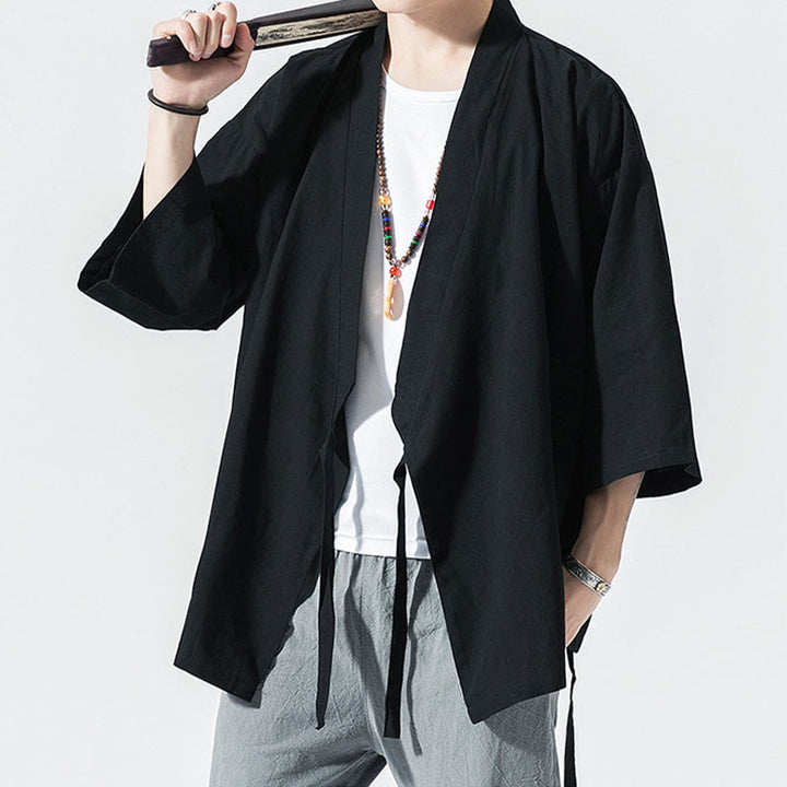 Buddha Stones Casual Plain Tang Suit Open Front Jacket Cotton Linen Men's Kimono