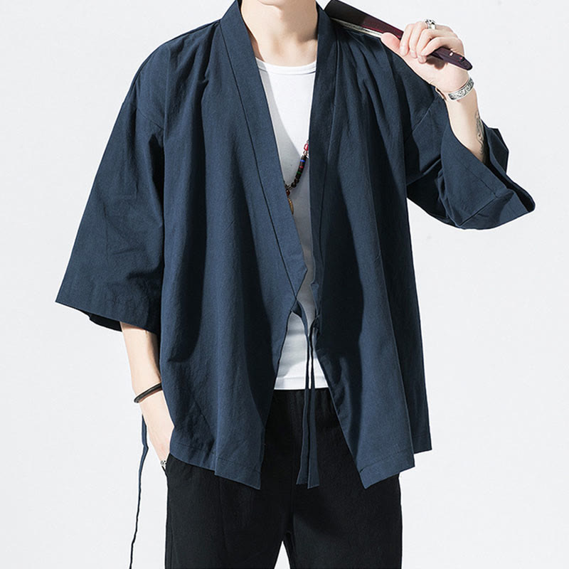 Buddha Stones Casual Plain Tang Suit Open Front Jacket Cotton Linen Men's Kimono