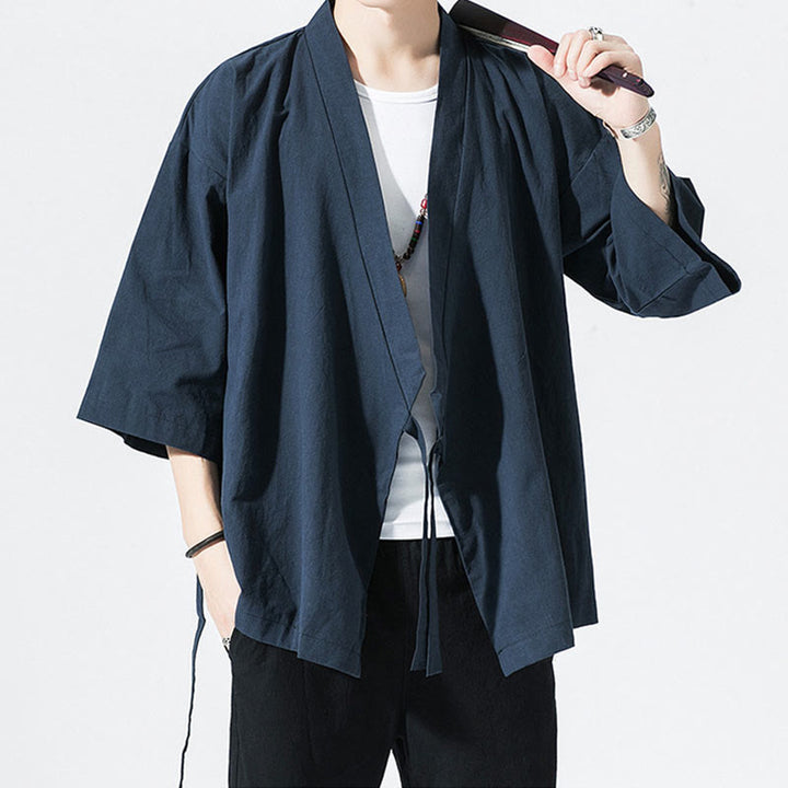 Buddha Stones Casual Plain Tang Suit Open Front Jacket Cotton Linen Men's Kimono