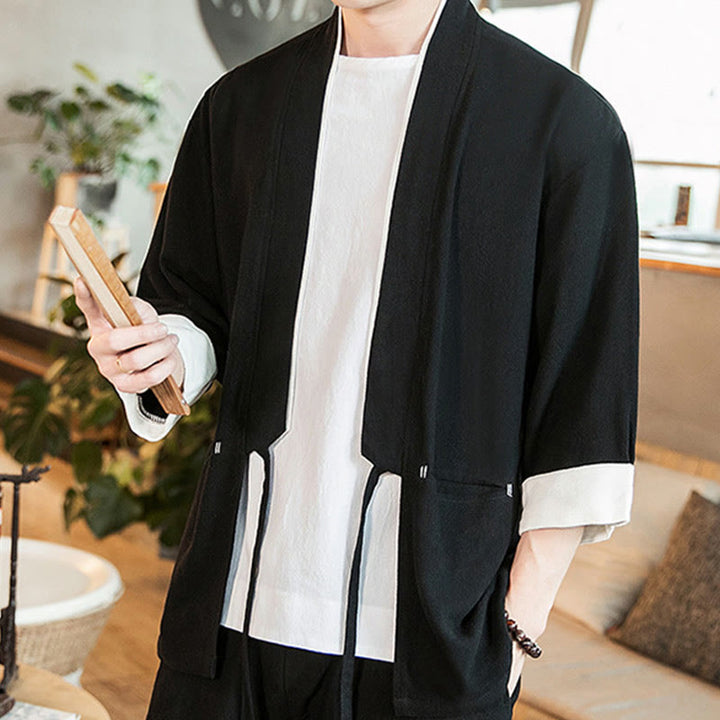 Buddha Stones Lace-Up Design Jacket Cotton Linen Men's Three Quarter Sleeve Kimono With Pockets - image 14