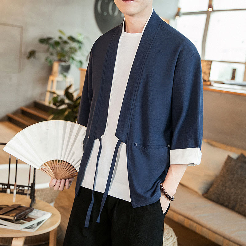 Buddha Stones Lace-Up Design Jacket Cotton Linen Men's Three Quarter Sleeve Kimono With Pockets - image 8