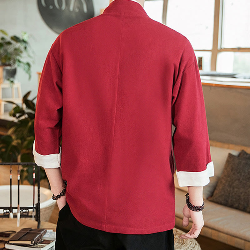 Buddha Stones Lace-Up Design Jacket Cotton Linen Men's Three Quarter Sleeve Kimono With Pockets - image 26