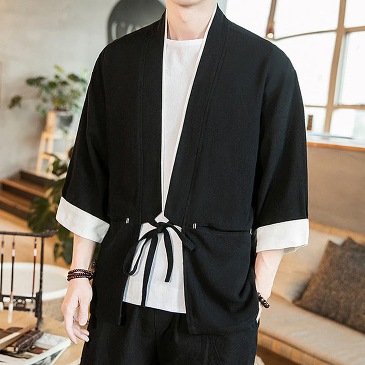 Buddha Stones Lace-Up Design Jacket Cotton Linen Men's Three Quarter Sleeve Kimono With Pockets - Black - US/UK/AU46，EU56 (5XL) - image 9