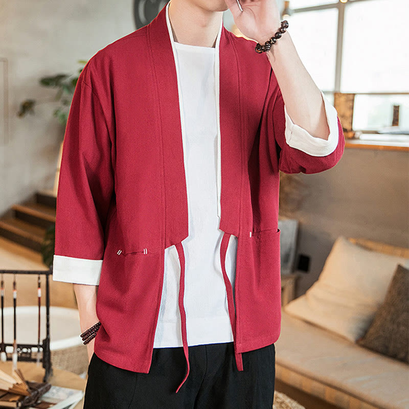Buddha Stones Lace-Up Design Jacket Cotton Linen Men's Three Quarter Sleeve Kimono With Pockets - image 24