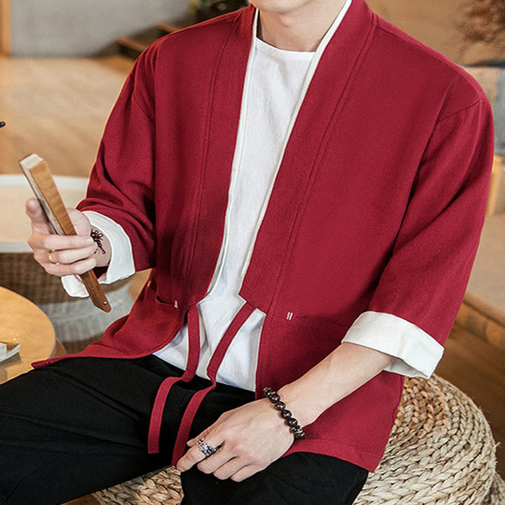 Buddha Stones Lace-Up Design Jacket Cotton Linen Men's Three Quarter Sleeve Kimono With Pockets - image 29
