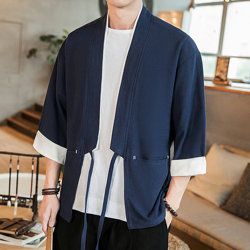 Buddha Stones Lace-Up Design Jacket Cotton Linen Men's Three Quarter Sleeve Kimono With Pockets - image 3