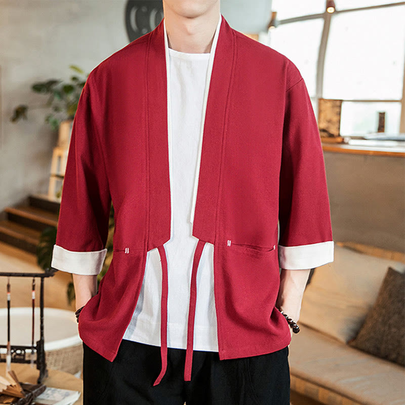 Buddha Stones Lace-Up Design Jacket Cotton Linen Men's Three Quarter Sleeve Kimono With Pockets - image 25