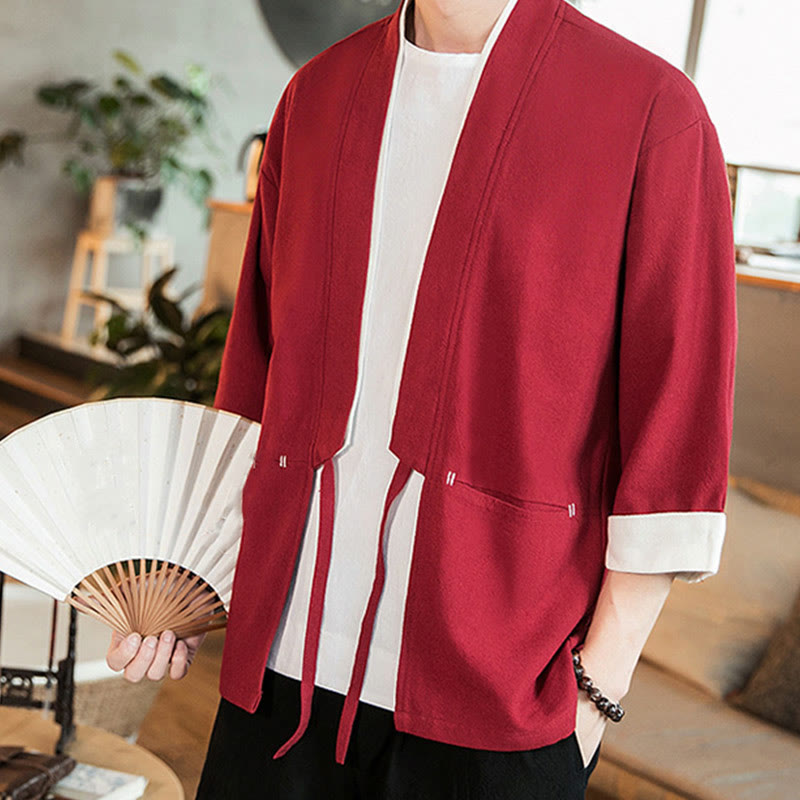 Buddha Stones Lace-Up Design Jacket Cotton Linen Men's Three Quarter Sleeve Kimono With Pockets - image 28