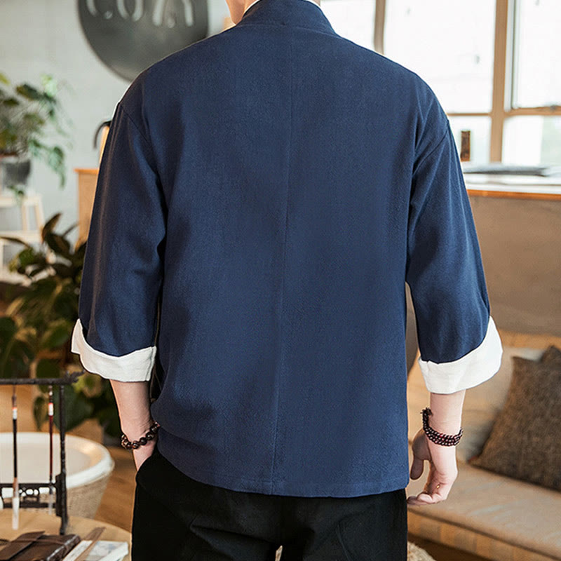 Buddha Stones Lace-Up Design Jacket Cotton Linen Men's Three Quarter Sleeve Kimono With Pockets - image 4