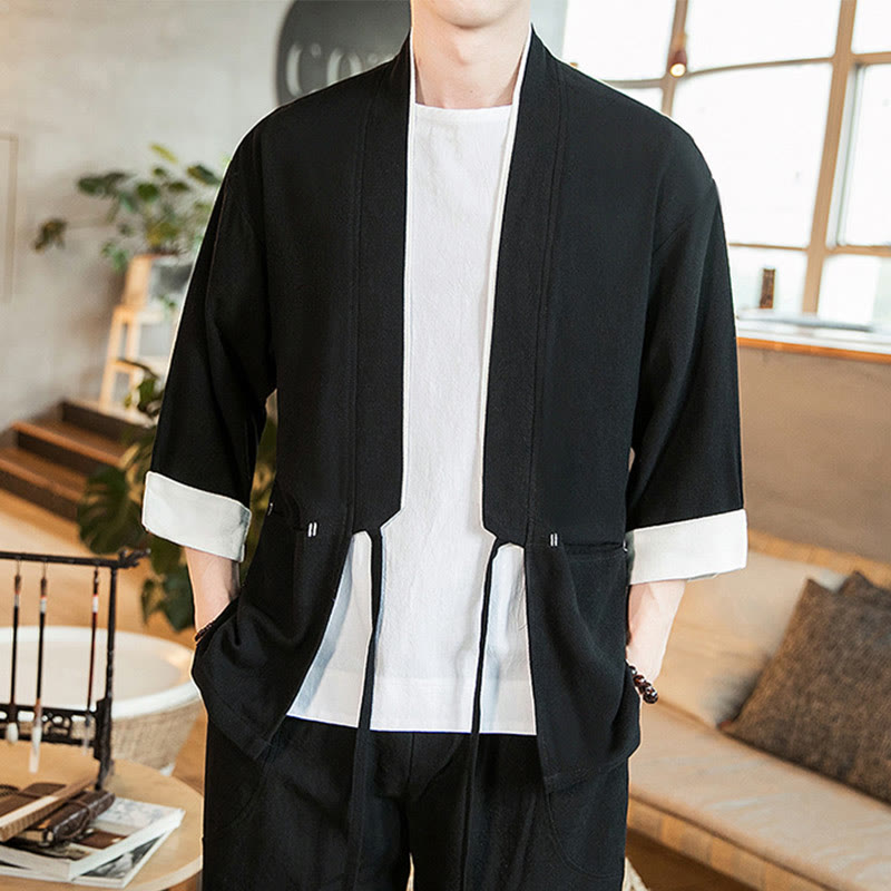 Buddha Stones Lace-Up Design Jacket Cotton Linen Men's Three Quarter Sleeve Kimono With Pockets - image 11