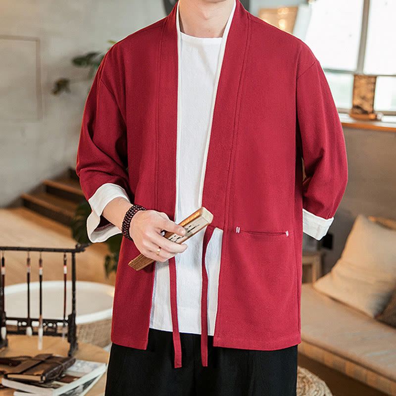 Buddha Stones Lace-Up Design Jacket Cotton Linen Men's Three Quarter Sleeve Kimono With Pockets - Crimson - US/UK/AU46，EU56 (5XL) - image 22